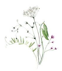 Watercolor Bouquet of Wildflowers and Leaves. Botanical illustration for invitation and social media.