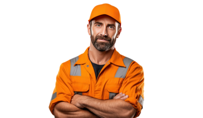 Smiling young mechanic holding a wrench isolated on transparent and white background.PNG image.
