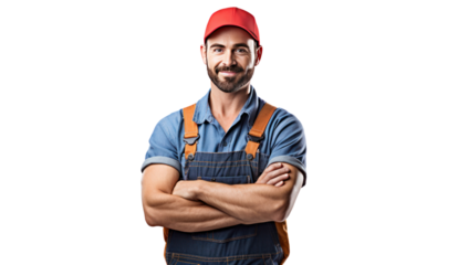 Smiling young mechanic holding a wrench isolated on transparent and white background.PNG image.