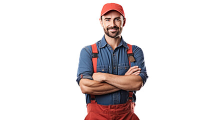 Smiling young mechanic holding a wrench isolated on transparent and white background.PNG image.