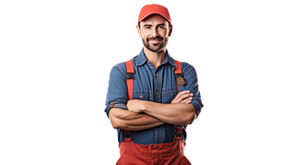 Smiling young mechanic holding a wrench isolated on transparent and white background.PNG image.