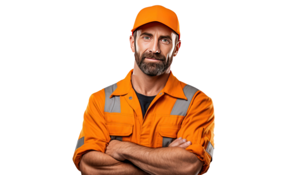 Smiling young mechanic holding a wrench isolated on transparent and white background.PNG image.