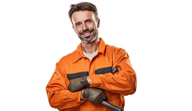 Smiling young mechanic holding a wrench isolated on transparent and white background.PNG image.