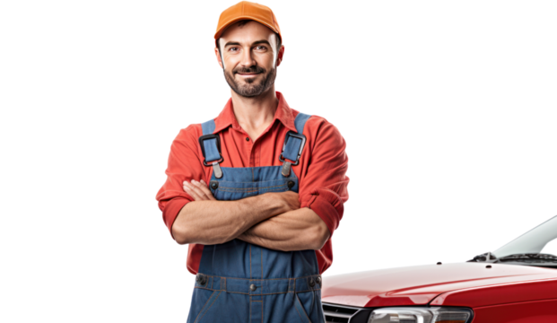 Smiling young mechanic holding a wrench isolated on transparent and white background.PNG image.