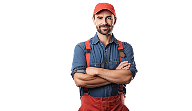 Smiling young mechanic holding a wrench isolated on transparent and white background.PNG image. - Powered by Adobe