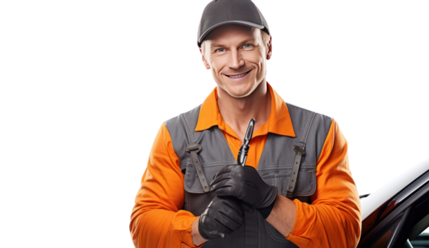 Smiling young mechanic holding a wrench isolated on transparent and white background.PNG image.
