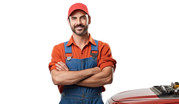 Smiling young mechanic holding a wrench isolated on transparent and white background.PNG image.