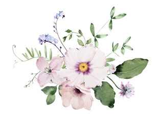 Watercolor Bouquet of Wildflowers, Forget-me-nots and Leaves. Botanical illustration for invitation and social media.