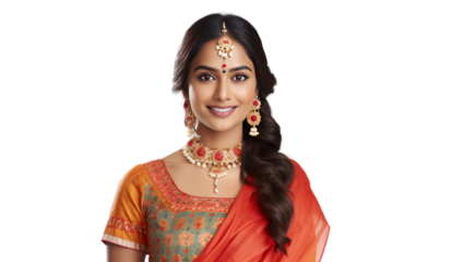 Beautiful Indian woman in traditional dress isolated on transparent and white background.PNG image.