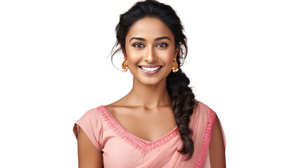 Beautiful Indian woman in traditional dress isolated on transparent and white background.PNG image.