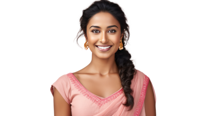 Beautiful Indian woman in traditional dress isolated on transparent and white background.PNG image.