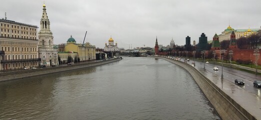 Beautiful landscape of Moskva River with beautiful sights along in a cloudy weather