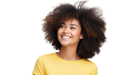 Beautiful african american girl with an afro hairstyle smiling isolated on transparent and white background.PNG image.