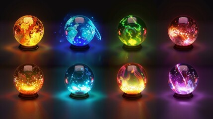 Three-dimensional modern images with magic spheres, crystal balls with sparkles, glow, plasma, and mystical fog, energy orbs, and fantasy globes for witchcraft, isolated on black background, - obrazy, fototapety, plakaty