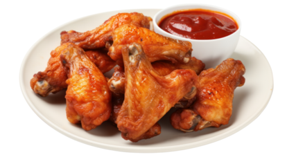 Air fryer chicken wings glazed with hot chilli sauce isolated on transparent and white background.PNG image.
