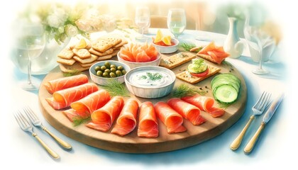 Watercolor Painting of a Smoked Salmon Appetizer Platter