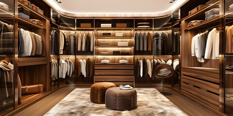 A photo of a interior of a luxury male wardrobe full of expensive suits shoes and other clothes, Modern Luxe Closet Design