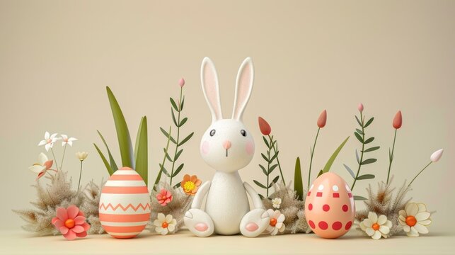 An Easter rabbit in 3D made from porcelain, surrounded by a beautiful garden set and painted eggs.