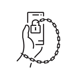 Internet addiction black line icon. Hand in handcuff with chain holds smartphone. Nomophobia concept. Digital dependence detox. Habit of using social networks and media. Vector flat design.