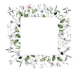 Watercolor Square Shaped Frame with Wildflowers and Leaves