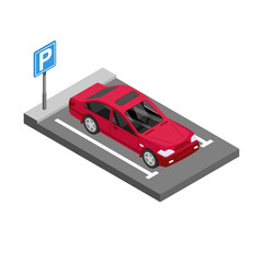 Parking zone, isometric icon. City parking. City infrastructure. Top view of cars and parking lots. Place for vehicle. Vector illustration 3d design. Isolated on white background. Urban area.
