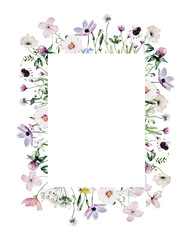 Watercolor Rectangular Shaped Frame with Wildflowers and Leaves