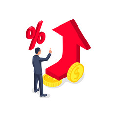 Dividend concept. Profit from investment. Save up money. Budget increase. Percentage rate, stock price, growth profit. Finance and money. Vector illustration isometric design.