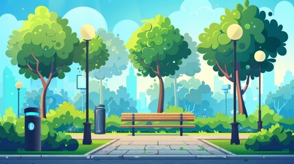 Summer city landscape area with green trees, litter bins and street lamps. Cartoon modern illustration of a bench with free wifi in a park.