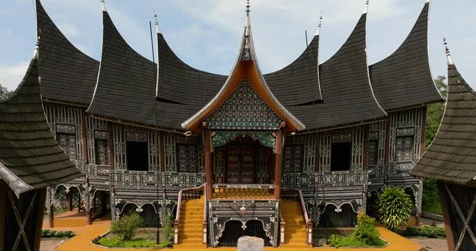 Aerial drone of royal palace in traditional Indonesian style. Istano Silinduang Bulan. Sumatra, Indonesia.