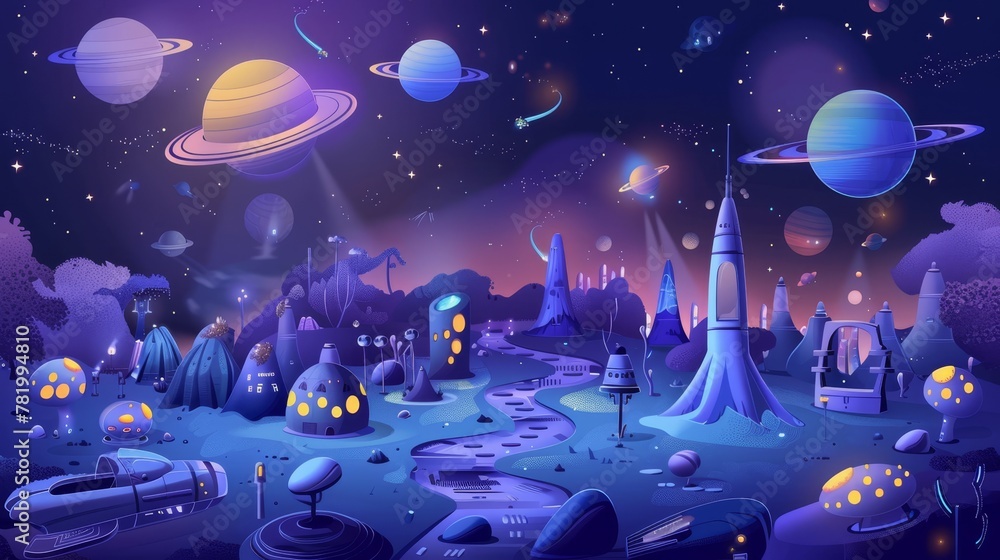 Poster this modern illustration depicts a spaceship and alien planets on a cartoon landscape with 2d gui. i