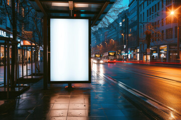 Vertical blank white billboard at a bus stop in the city with space for advertising, text or...