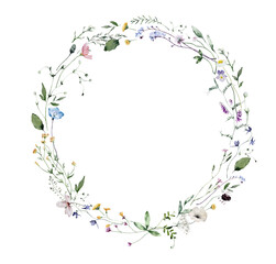 Watercolor Wreath with Wildflowers and Leaves