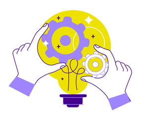 Hand lightbulb idea cogwheel. Implement business idea, development process, optimization - 781994876