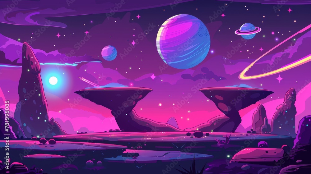 Poster game level background with alien planets, stars, and spaceship for gui interface of arcade, computer