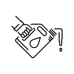 Motor oil, line icon. Mechanic holds canister of motor oil. Station service maintenance. Lubrication engine and mechanisms. Replacing engine fluid. Vector illustration flat design.
