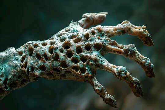 Zombie Hand with Many Small Holes, Deformed Fingers, Fungal Infection, Trypophobia Generative AI Illustration