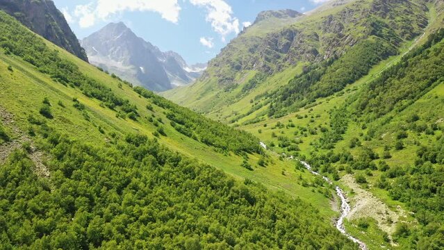 Flying over a valley overgrown with forest between mountains.