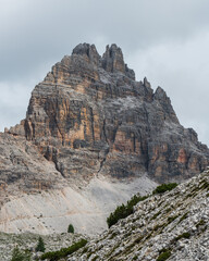 Stunning mountain views. Picturesque landscape with high sharp rocks, Tre Cime di Lavaredo. Dolomites, Italy