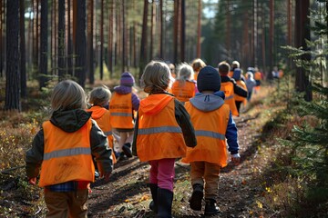 Kindergarten in Forest, Children Walking with Tutors in Wild Park, Finnish Forest School, Forest...