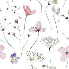 Watercolor Seamless Pattern Background with Wildflowers and Leaves