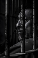Portrait of a prisoner in a cell in black and white