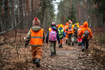 Kindergarten in Forest, Children Walking with Tutors in Wild Park, Finnish Forest School, Forest...