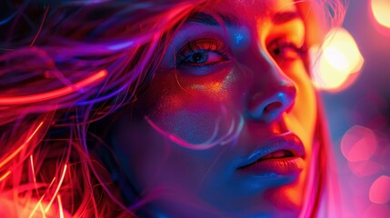 Fototapeta na wymiar Beautiful Woman With Neon Hair And Glowing, Background Images , Hd Wallpapers
