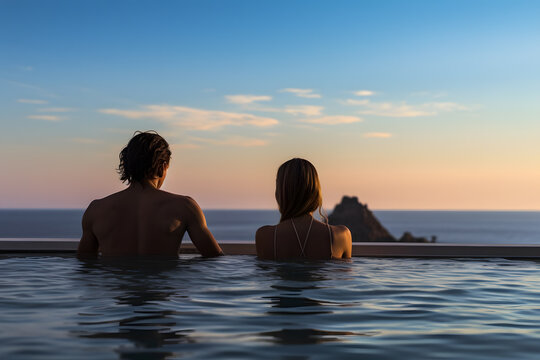 Couple bathing in an infinity pool with the sea in the background at sunset