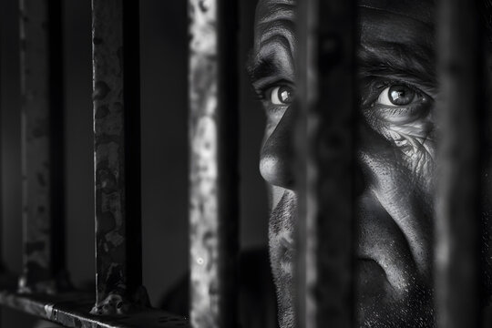 Portrait of a prisoner in a cell in black and white