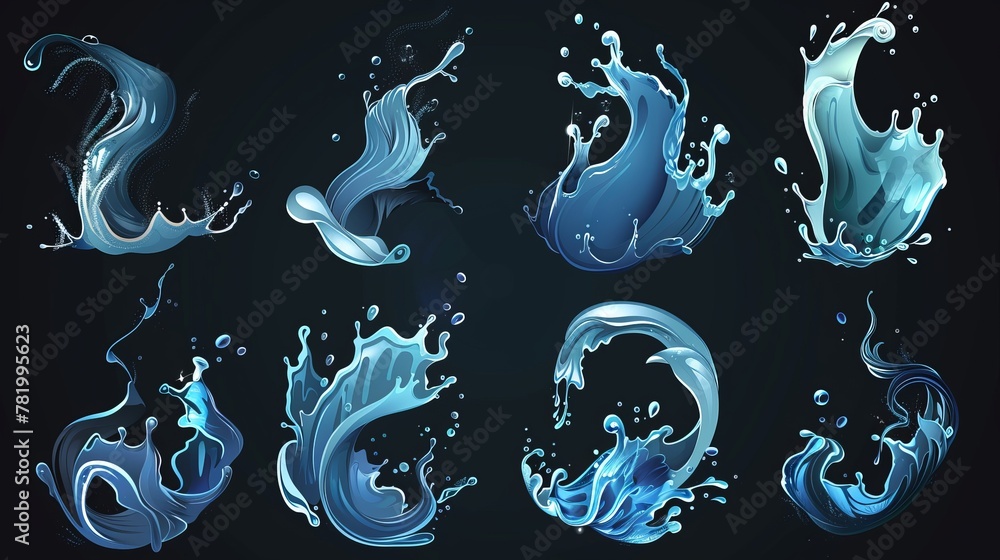 Poster isolated on transparent background are water splashes, blue liquid waves with swirls and drops. mode