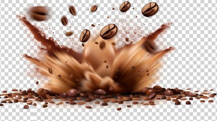 Authentic modern illustration of shredded ground arabica grains mixed with roasted ground coffee beans on a transparent background. - obrazy, fototapety, plakaty