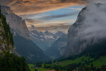 Lauterbrunnen, Switzerland beautiful morning with patchy fog during