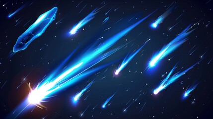 Modern realistic illustration of falling asteroids and comets in a black night sky with stars and shining meteorites from space. - obrazy, fototapety, plakaty