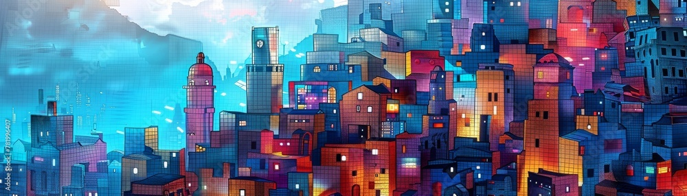 Wall mural Mosaic Metropolis at Twilight background, A sprawling, futuristic cityscape comes alive with a kaleidoscope of colorful buildings. glowing windows, reminiscent of a vibrant mosaic under a twilight sky